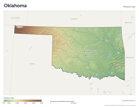 Oklahoma physical map, labeled: the Wichita Mountains, the Ozark Plateau, the Ouachita Mountains, and the High Plains, with the capital, cities and highest point marked