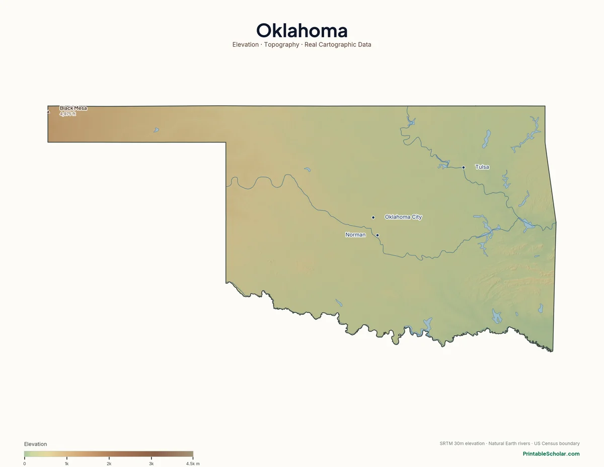 Oklahoma physical map showing the Wichita Mountains, the Ozark Plateau, the Ouachita Mountains, and the High Plains, with major peaks and cities labeled. Topographic relief from NASA SRTM elevation data.