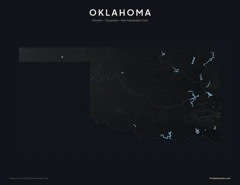 Oklahoma topographic relief poster — high-contrast monochrome rendering of the Wichita Mountains, the Ozark Plateau, the Ouachita Mountains, and the High Plains
