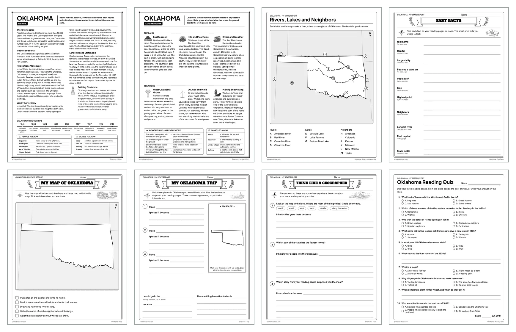 Eight pages from the Oklahoma State Report Kit: History, Land and Work, the rivers and lakes map, Fast Facts, My Map, My Trip, Think Like a Geographer and the reading quiz