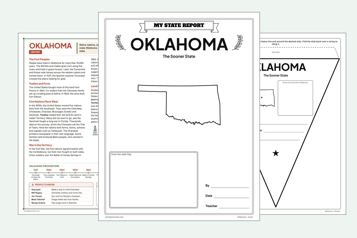 Oklahoma State Report Kit: the report booklet cover, the history reading page and the pennant