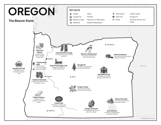 Black and white illustrated map of Oregon