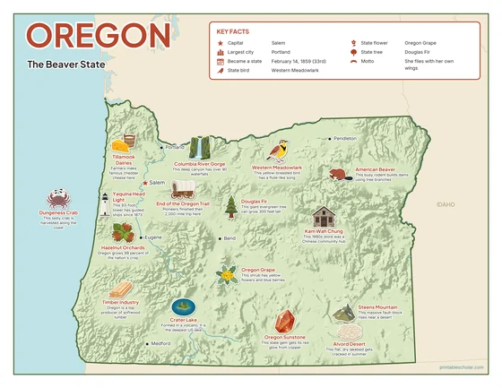 Illustrated map of Oregon in color