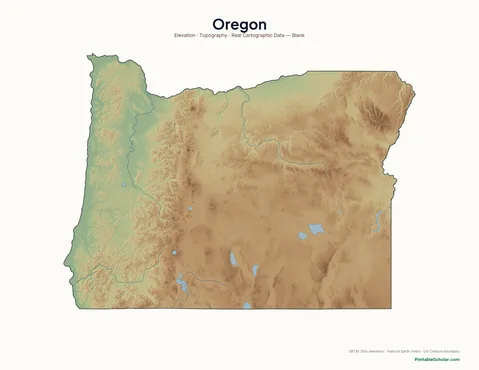 Oregon blank physical map — same topographic relief, no labels, for label-it-yourself geography exercises