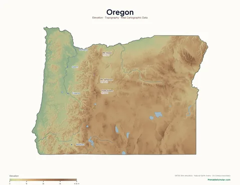Oregon physical map labeled — showing the Cascade Range with multiple volcanoes, the Coast Range, and the high desert east of the Cascades, with peak elevations and major cities marked