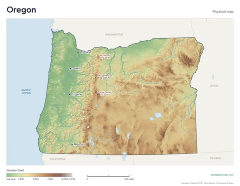 Oregon physical map, labeled: the Cascade Range with multiple volcanoes, the Coast Range, and the high desert east of the Cascades, with the capital, cities and highest point marked