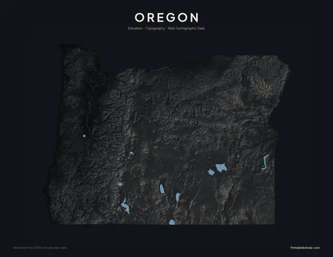 Oregon topographic relief poster — high-contrast monochrome rendering of the Cascade Range with multiple volcanoes, the Coast Range, and the high desert east of the Cascades