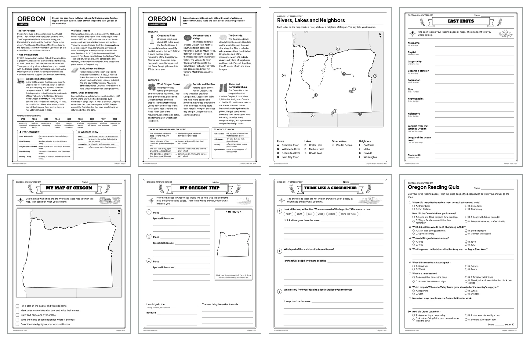 Eight pages from the Oregon State Report Kit: History, Land and Work, the rivers and lakes map, Fast Facts, My Map, My Trip, Think Like a Geographer and the reading quiz