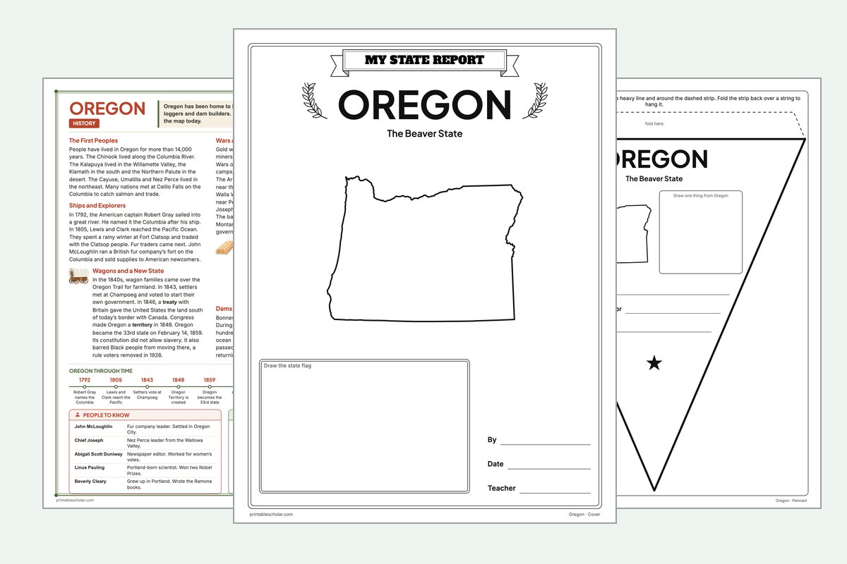 Oregon State Report Kit: the report booklet cover, the history reading page and the pennant