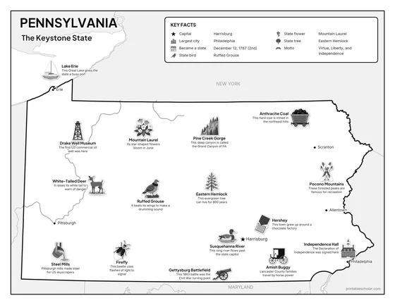 Black and white illustrated map of Pennsylvania