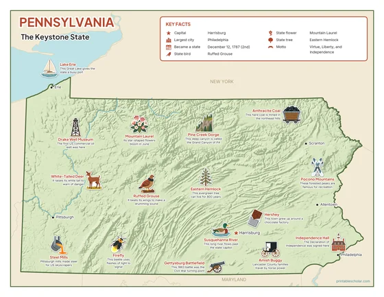 Illustrated map of Pennsylvania in color