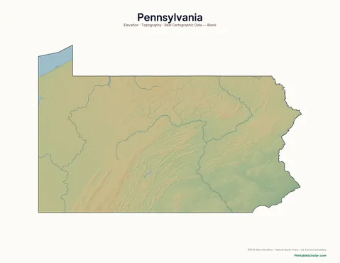 Pennsylvania blank physical map — same topographic relief, no labels, for label-it-yourself geography exercises