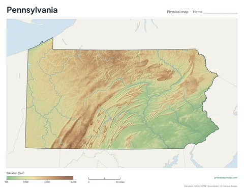 Pennsylvania blank physical map: the same terrain with no labels, for labeling practice