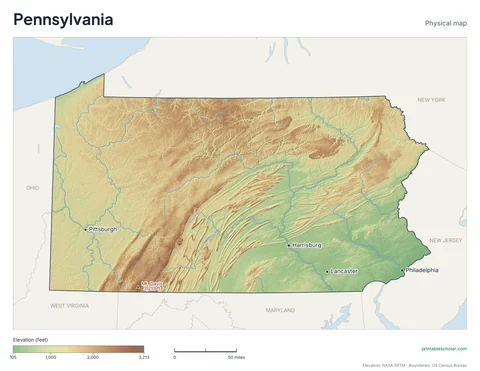 Pennsylvania physical map, labeled: the Allegheny Plateau, the Ridge-and-Valley Appalachians, and the Piedmont, with the capital, cities and highest point marked