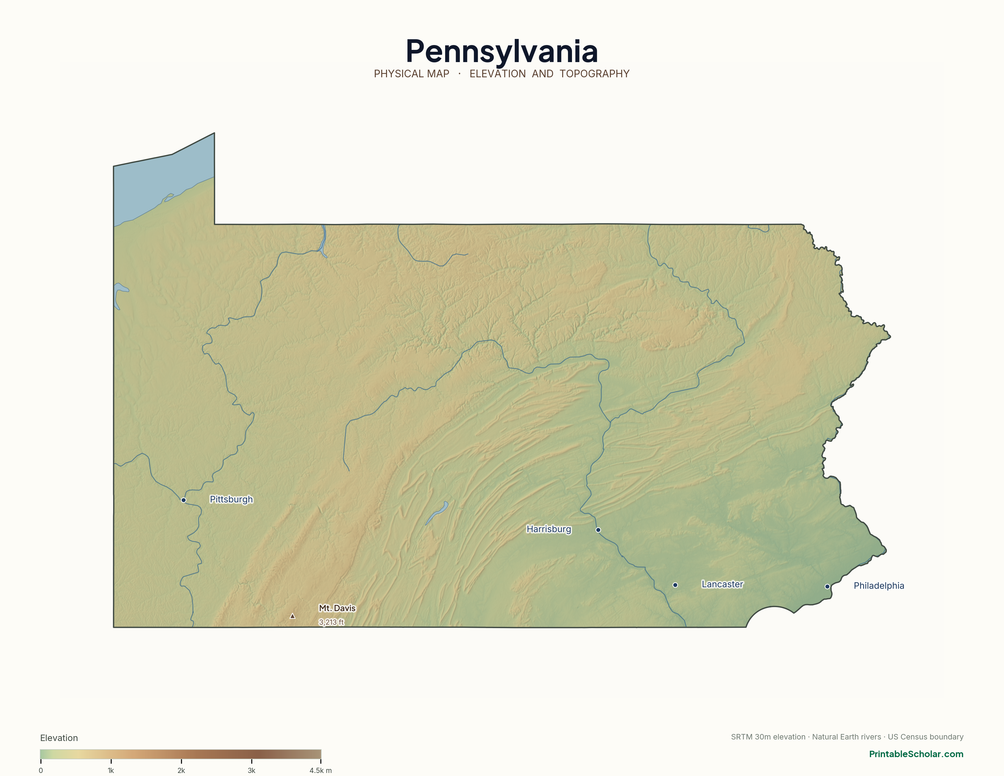 Pennsylvania physical map with labeled peaks, cities, and rivers
