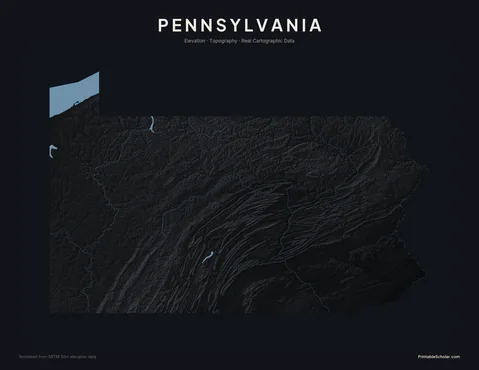 Pennsylvania topographic relief poster — high-contrast monochrome rendering of the Allegheny Plateau, the Ridge-and-Valley Appalachians, and the Piedmont