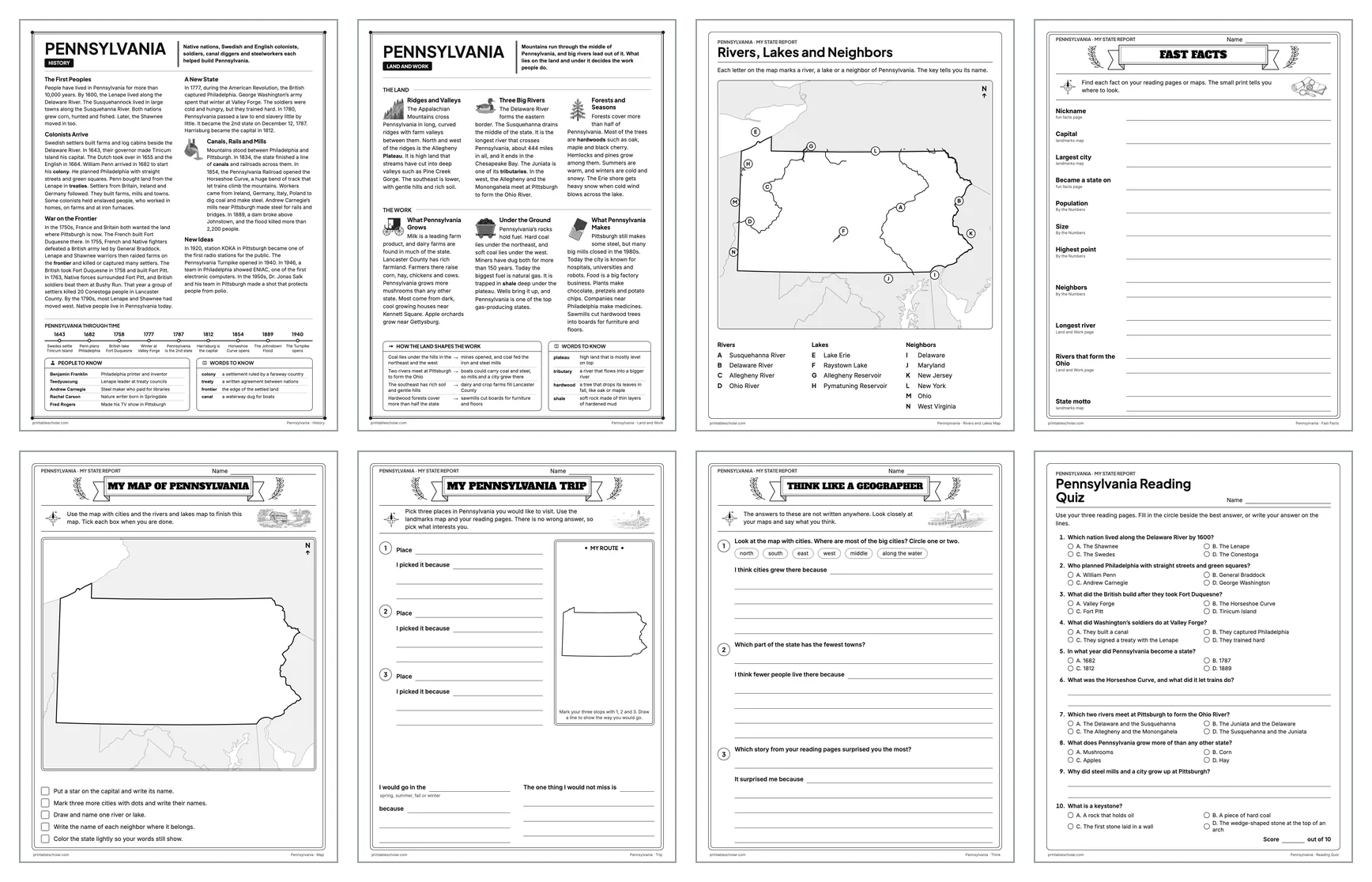 Eight pages from the Pennsylvania State Report Kit: History, Land and Work, the rivers and lakes map, Fast Facts, My Map, My Trip, Think Like a Geographer and the reading quiz