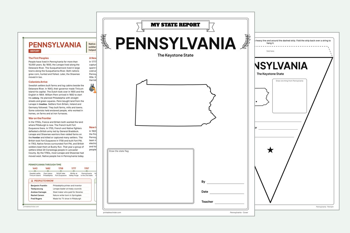 Pennsylvania State Report Kit: the report booklet cover, the history reading page and the pennant