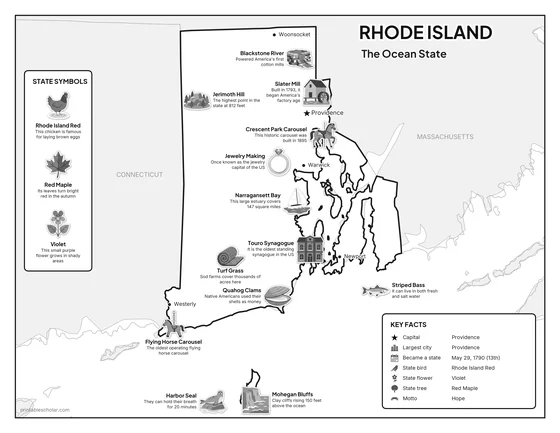 Black and white illustrated map of Rhode Island