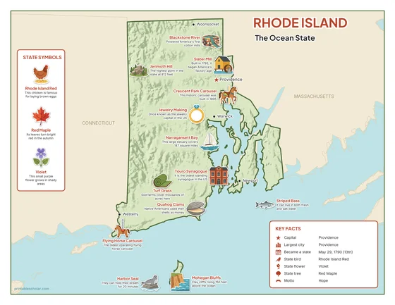 Illustrated map of Rhode Island in color