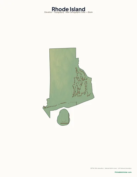 Rhode Island blank physical map — same topographic relief, no labels, for label-it-yourself geography exercises