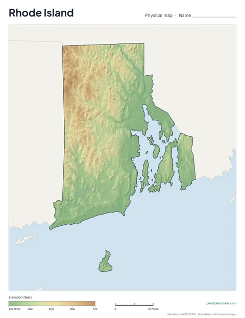 Rhode Island blank physical map: the same terrain with no labels, for labeling practice