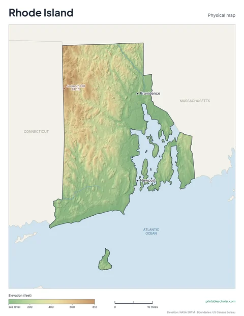 Rhode Island physical map, labeled: the Narragansett Bay, the upland forests, and the Atlantic coast, with the capital, cities and highest point marked
