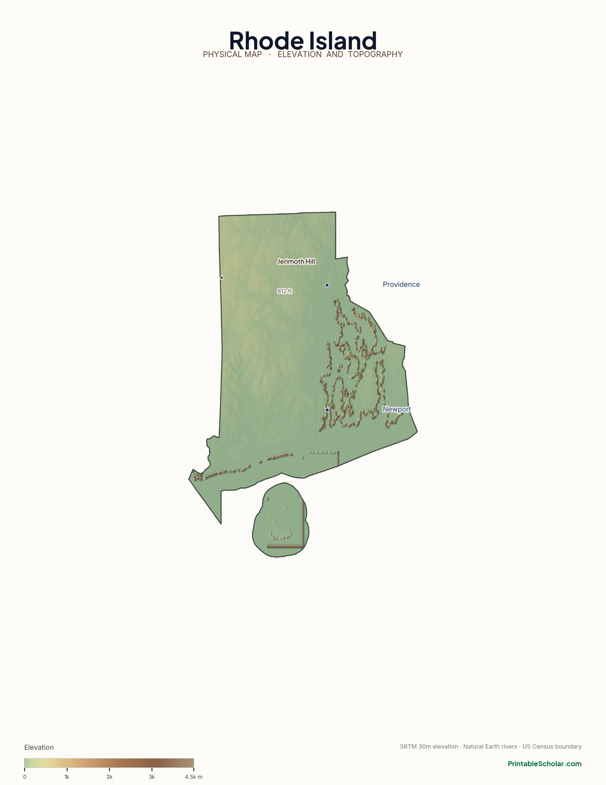 Rhode Island physical map with labeled peaks, cities, and rivers