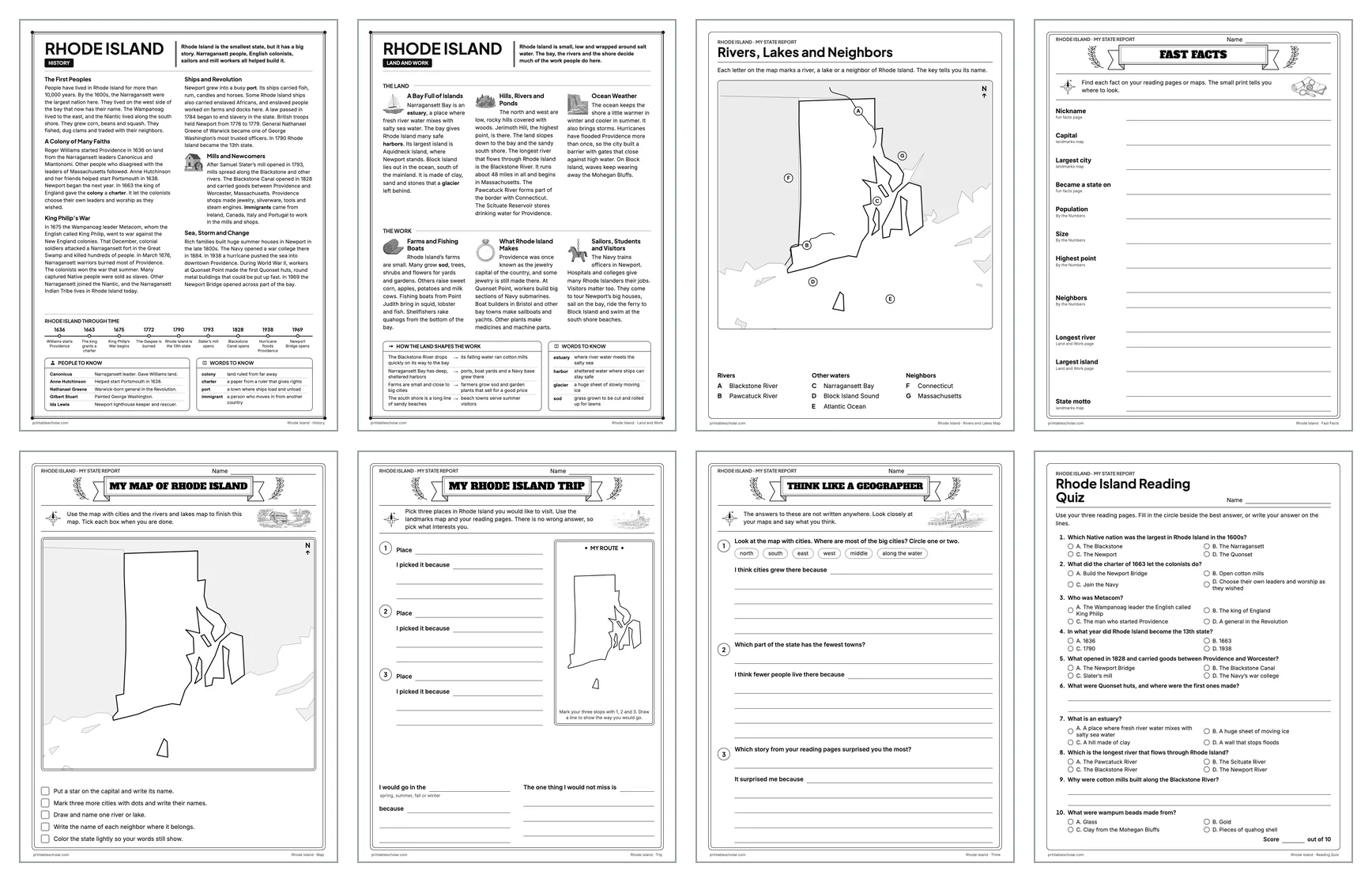 Eight pages from the Rhode Island State Report Kit: History, Land and Work, the rivers and lakes map, Fast Facts, My Map, My Trip, Think Like a Geographer and the reading quiz