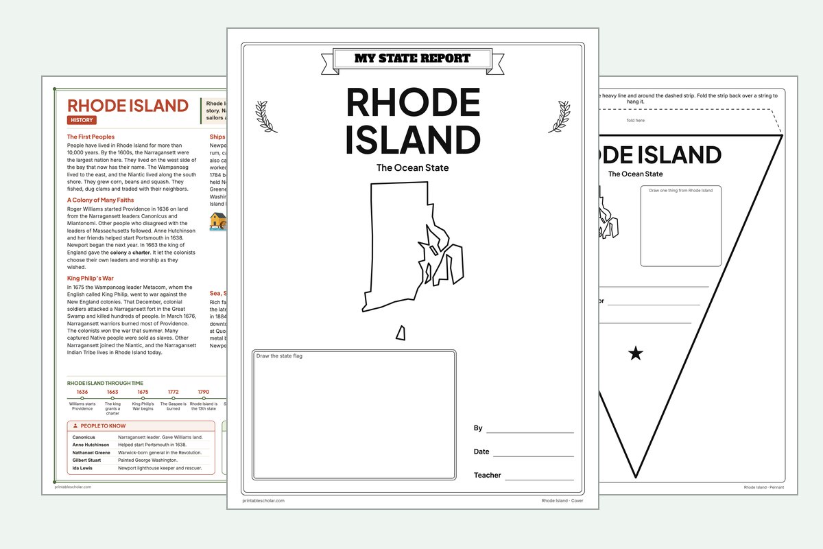 Rhode Island State Report Kit: the report booklet cover, the history reading page and the pennant