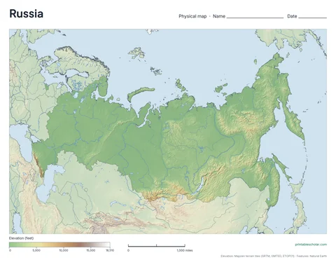 Russia physical map, blank, for labeling practice