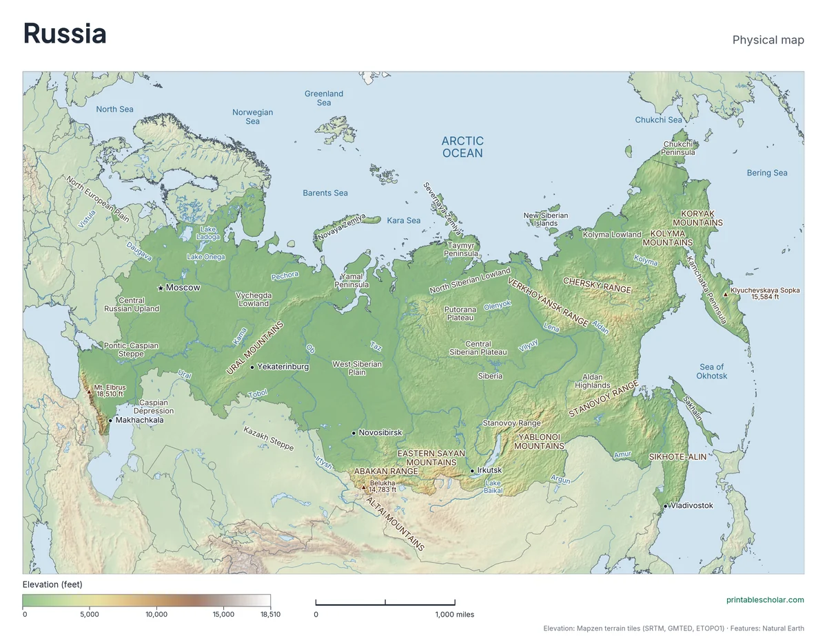 Physical map of Russia with mountain ranges, deserts, rivers and highest peaks labeled