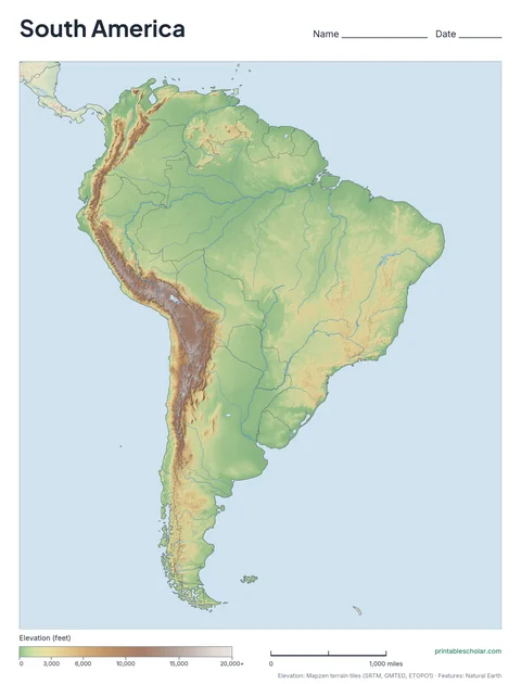 South America physical map, blank, for labeling practice