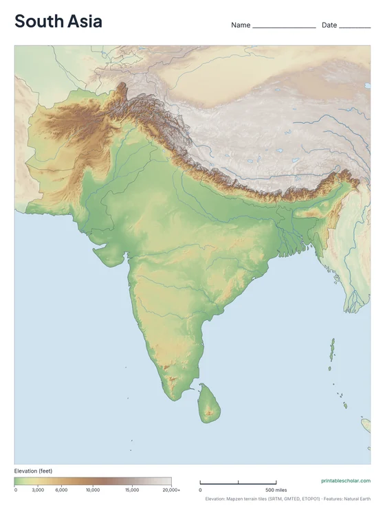 South Asia map: physical, blank