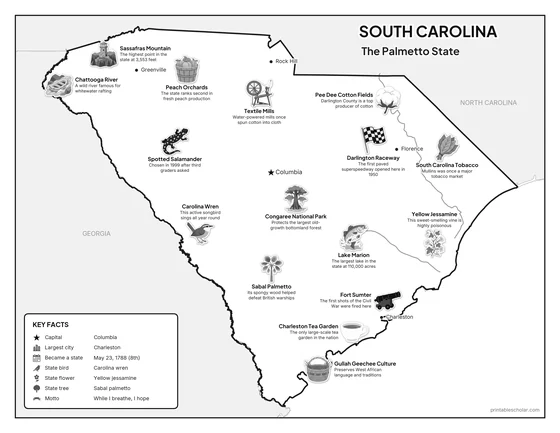 Black and white illustrated map of South Carolina