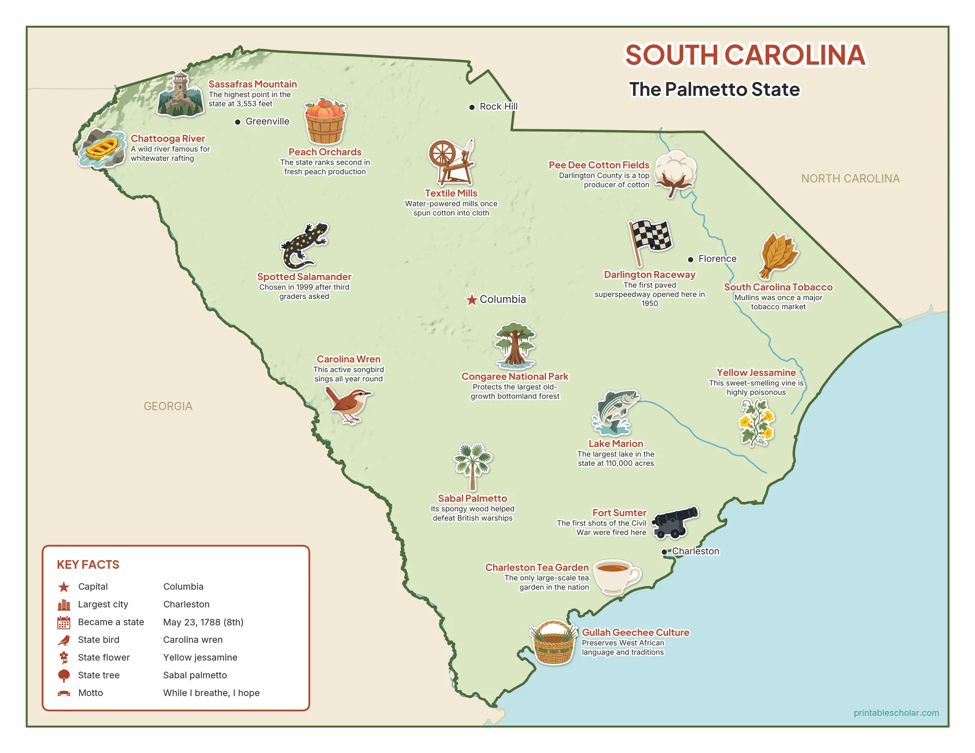 Illustrated map of South Carolina with landmarks, industries and state symbols