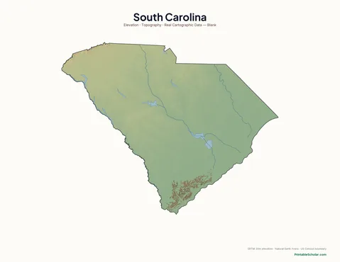 South Carolina blank physical map — same topographic relief, no labels, for label-it-yourself geography exercises