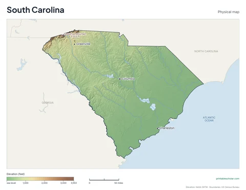 South Carolina physical map, labeled: the Blue Ridge Mountains, the Piedmont, and the Coastal Plain, with the capital, cities and highest point marked