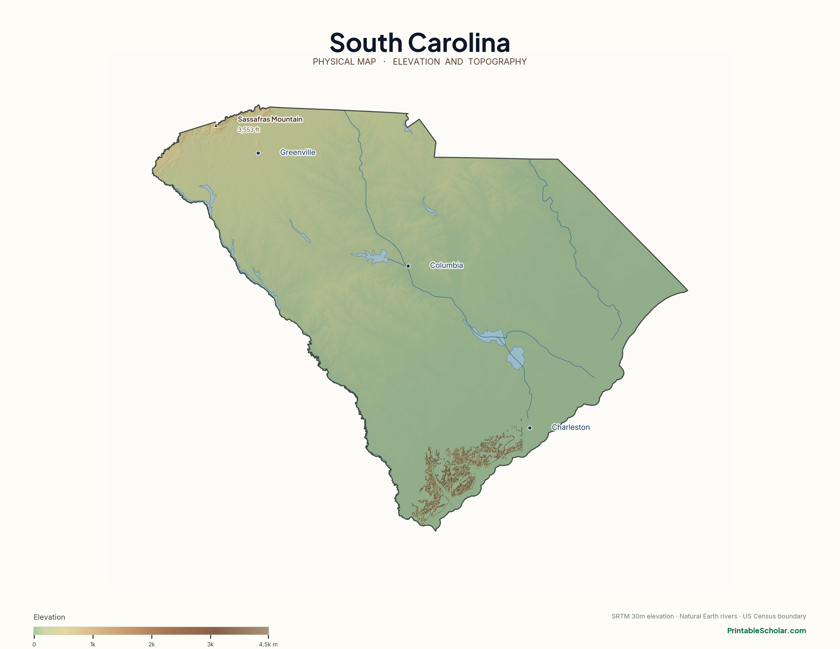 South Carolina physical map with labeled peaks, cities, and rivers
