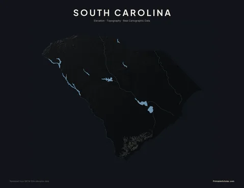 South Carolina topographic relief poster — high-contrast monochrome rendering of the Blue Ridge Mountains, the Piedmont, and the Coastal Plain