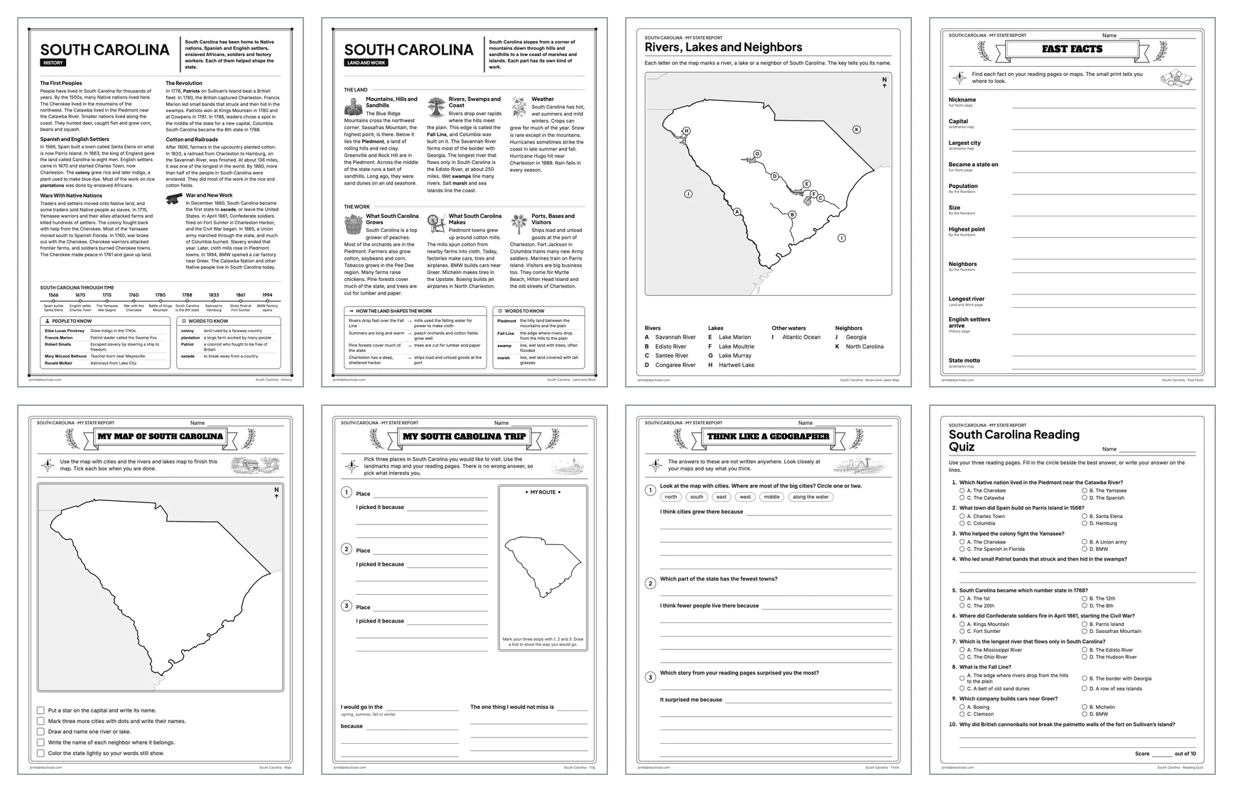 Eight pages from the South Carolina State Report Kit: History, Land and Work, the rivers and lakes map, Fast Facts, My Map, My Trip, Think Like a Geographer and the reading quiz