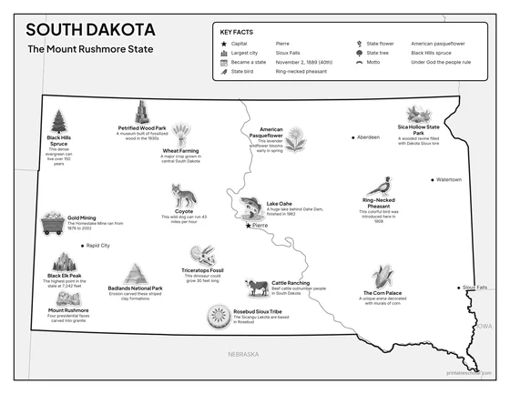 Black and white illustrated map of South Dakota