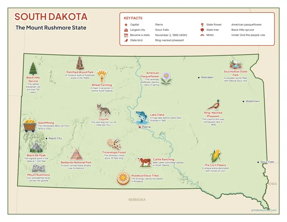 Illustrated map of South Dakota in color