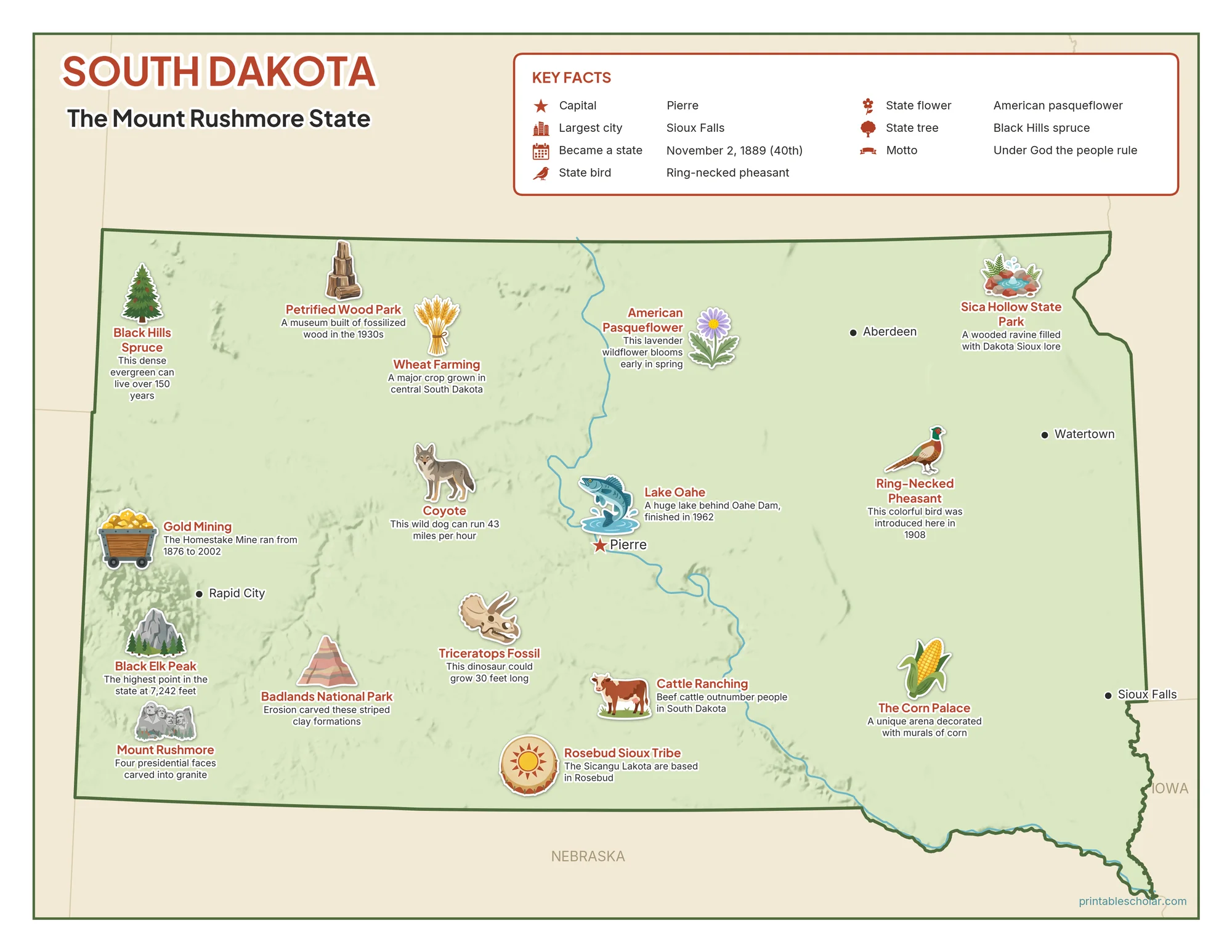 Illustrated map of South Dakota with landmarks, industries and state symbols