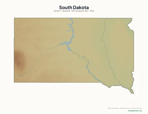 South Dakota blank physical map — same topographic relief, no labels, for label-it-yourself geography exercises