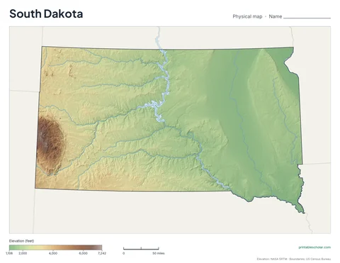 South Dakota blank physical map: the same terrain with no labels, for labeling practice