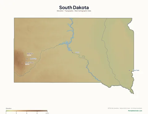 South Dakota physical map labeled — showing the Black Hills, the Badlands, and the Missouri Plateau, with peak elevations and major cities marked