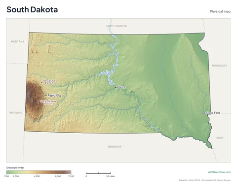 South Dakota physical map, labeled: the Black Hills, the Badlands, and the Missouri Plateau, with the capital, cities and highest point marked