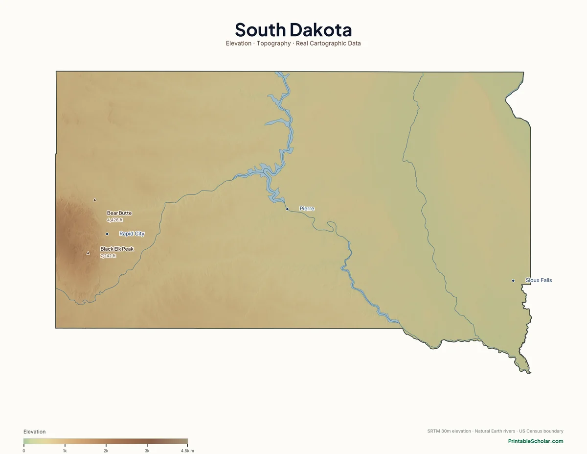 South Dakota physical map showing the Black Hills, the Badlands, and the Missouri Plateau, with major peaks and cities labeled. Topographic relief from NASA SRTM elevation data.