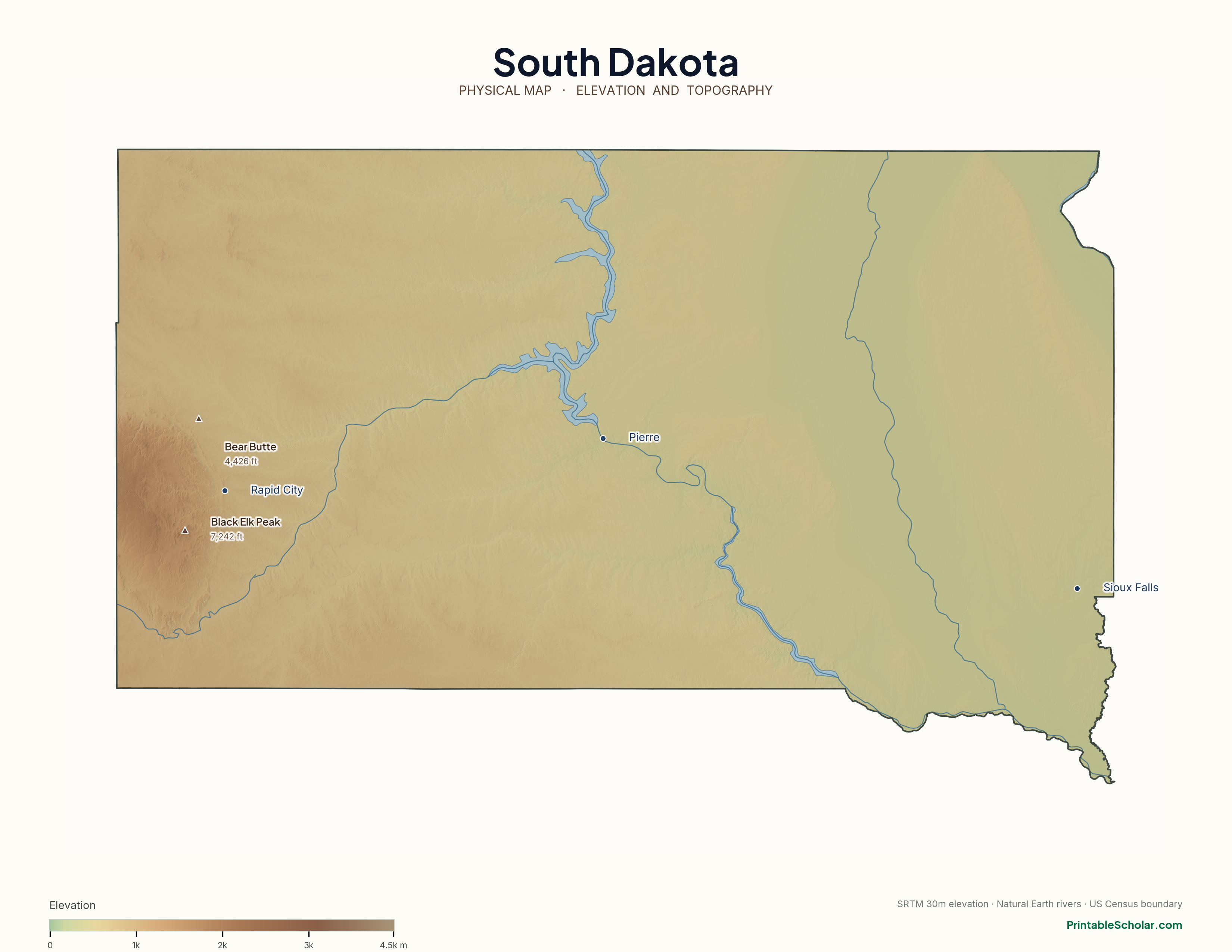 South Dakota physical map with labeled peaks, cities, and rivers